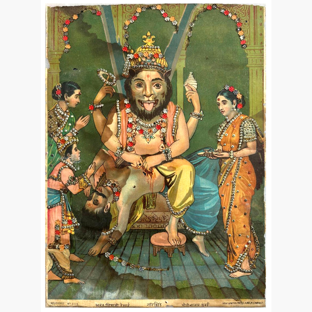 Powerful Narasimha Avatar Oleograph – Divine Vishnu Art