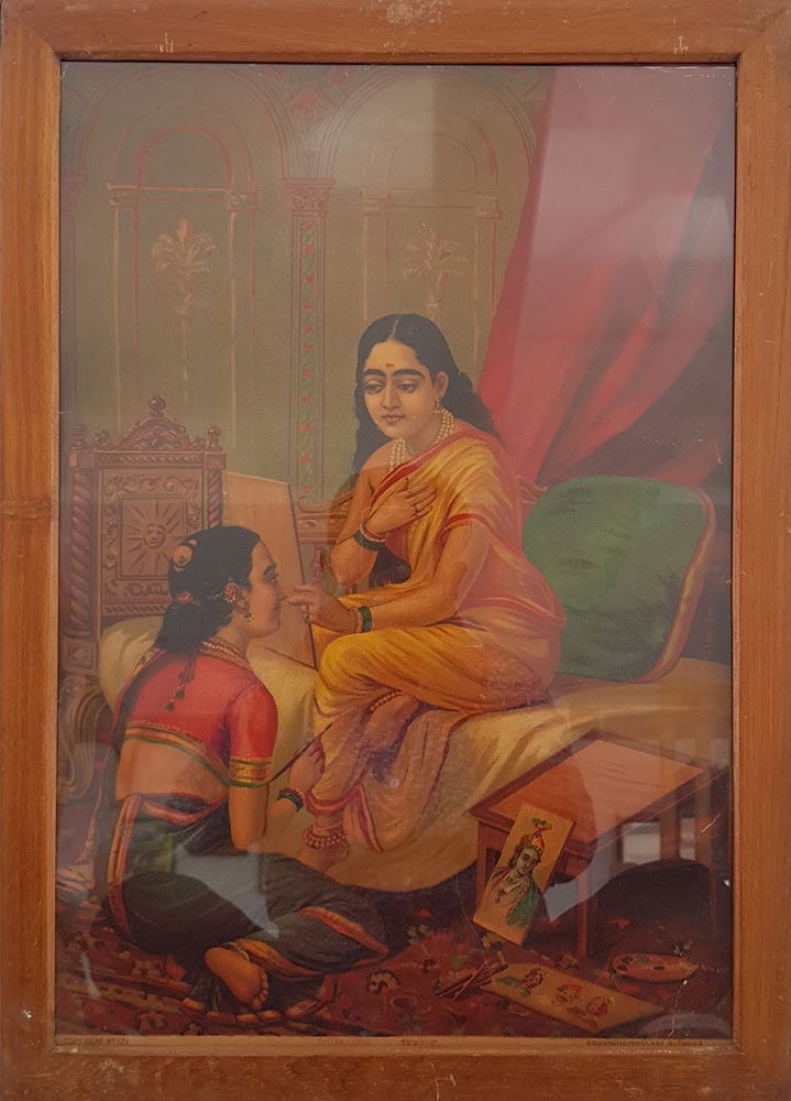 Chitralekha sitting with Sakhis Oleographs by Raja Ravi Varma