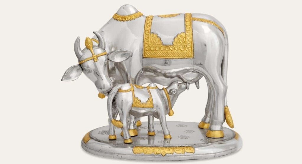 Exploree Luxury Silver Showpieces: Divine Silver Kamdhenu with Gold Leaf